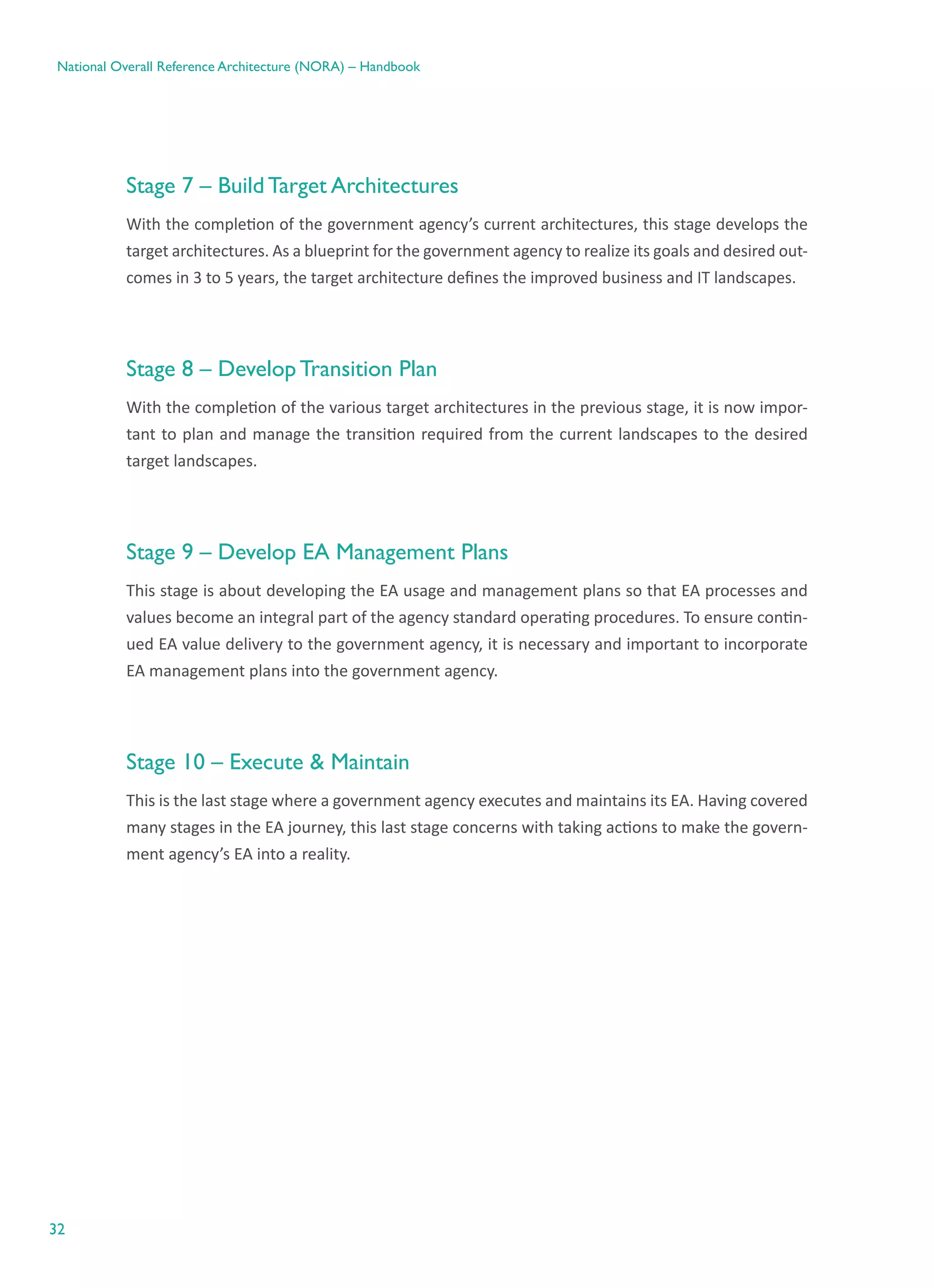 32
National Overall Reference Architecture (NORA) – Handbook
Stage 7 – Build Target Architectures
With the completion of the government agency’s current architectures, this stage develops the
target architectures. As a blueprint for the government agency to realize its goals and desired out-
comes in 3 to 5 years, the target architecture defines the improved business and IT landscapes.
Stage 8 – Develop Transition Plan
With the completion of the various target architectures in the previous stage, it is now impor-
tant to plan and manage the transition required from the current landscapes to the desired
target landscapes.
Stage 9 – Develop EA Management Plans
This stage is about developing the EA usage and management plans so that EA processes and
values become an integral part of the agency standard operating procedures. To ensure contin-
ued EA value delivery to the government agency, it is necessary and important to incorporate
EA management plans into the government agency.
Stage 10 – Execute & Maintain
This is the last stage where a government agency executes and maintains its EA. Having covered
many stages in the EA journey, this last stage concerns with taking actions to make the govern-
ment agency’s EA into a reality.
 