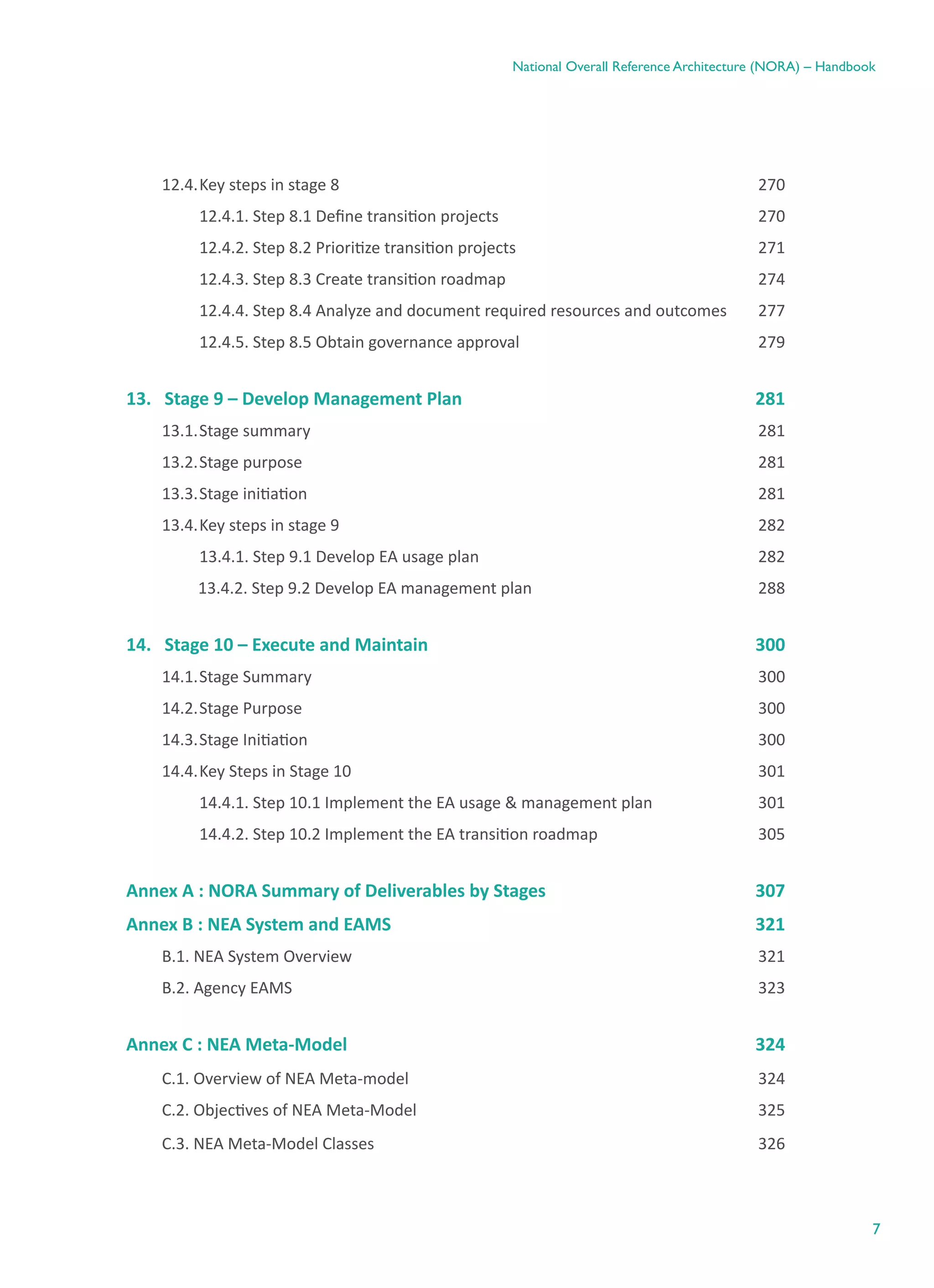 7
National Overall Reference Architecture (NORA) – Handbook
12.4.	Key steps in stage 8	 270
	 12.4.1. Step 8.1 Define transition projects	 270
	 12.4.2. Step 8.2 Prioritize transition projects	 271
	 12.4.3. Step 8.3 Create transition roadmap	 274
	 12.4.4. Step 8.4 Analyze and document required resources and outcomes	 277
	 12.4.5. Step 8.5 Obtain governance approval	 279
13.   Stage 9 – Develop Management Plan	 281
13.1.	Stage summary	 281
13.2.	Stage purpose	 281
13.3.	Stage initiation	 281
13.4.	Key steps in stage 9	 282
	 13.4.1. Step 9.1 Develop EA usage plan	 282
         13.4.2. Step 9.2 Develop EA management plan	 288
14.   Stage 10 – Execute and Maintain	 300
14.1.	Stage Summary	 300
14.2.	Stage Purpose	 300
14.3.	Stage Initiation	 300
14.4.	Key Steps in Stage 10	 301
	 14.4.1. Step 10.1 Implement the EA usage & management plan	 301
	 14.4.2. Step 10.2 Implement the EA transition roadmap	 305
Annex A : NORA Summary of Deliverables by Stages	 307
Annex B : NEA System and EAMS	 321
B.1. NEA System Overview	 321
B.2. Agency EAMS	 323
Annex C : NEA Meta-Model	 324
C.1. Overview of NEA Meta-model	 324
C.2. Objectives of NEA Meta-Model	 325
C.3. NEA Meta-Model Classes	 326
 