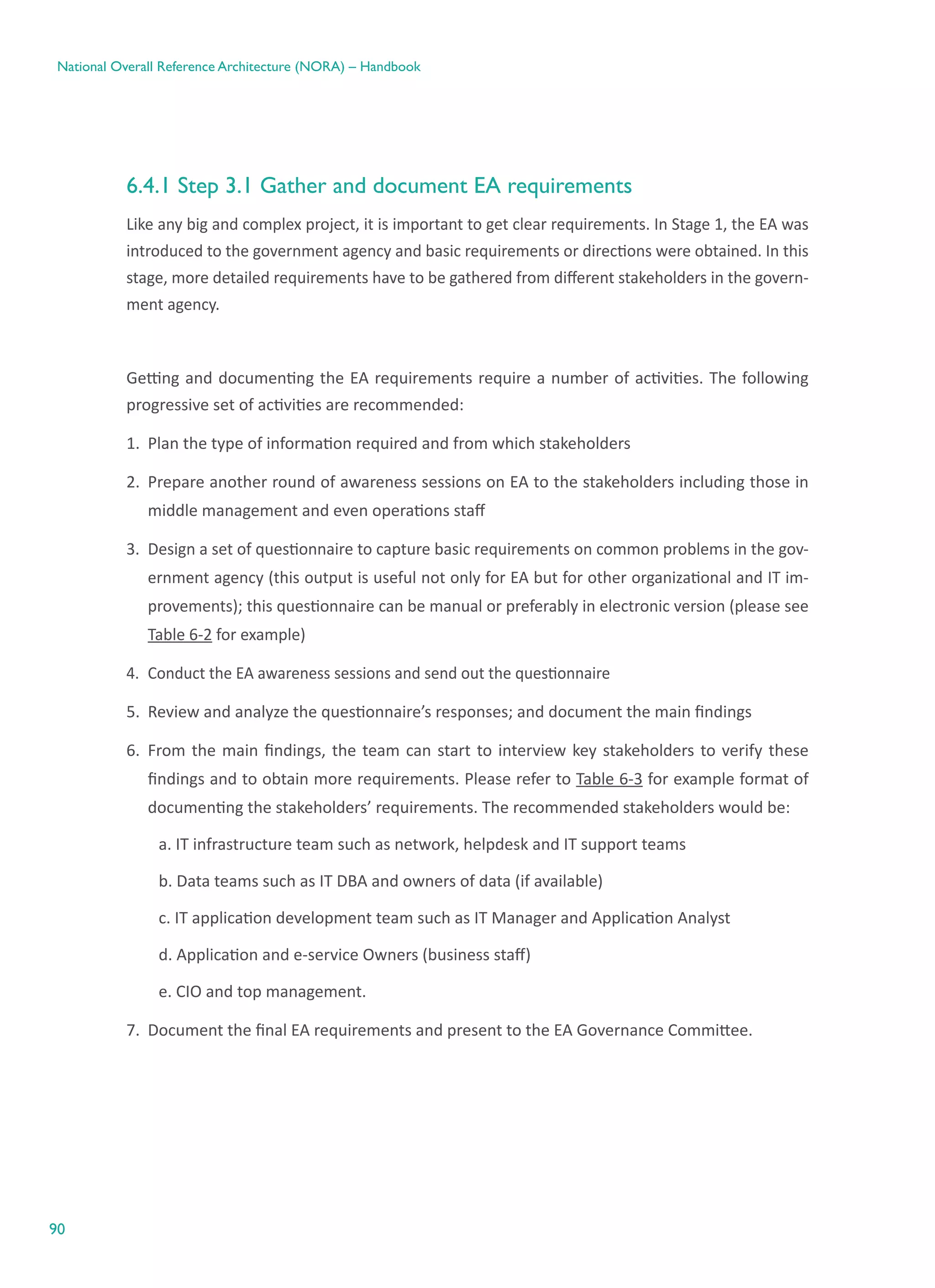 90
National Overall Reference Architecture (NORA) – Handbook
6.4.1 Step 3.1 Gather and document EA requirements
Like any big and complex project, it is important to get clear requirements. In Stage 1, the EA was
introduced to the government agency and basic requirements or directions were obtained. In this
stage, more detailed requirements have to be gathered from different stakeholders in the govern-
ment agency.
Getting and documenting the EA requirements require a number of activities. The following
progressive set of activities are recommended:
1.	 Plan the type of information required and from which stakeholders
2.	 Prepare another round of awareness sessions on EA to the stakeholders including those in
middle management and even operations staff
3.	 Design a set of questionnaire to capture basic requirements on common problems in the gov-
ernment agency (this output is useful not only for EA but for other organizational and IT im-
provements); this questionnaire can be manual or preferably in electronic version (please see
Table 6-2 for example)
4.	 Conduct the EA awareness sessions and send out the questionnaire
5.	 Review and analyze the questionnaire’s responses; and document the main findings
6.	 From the main findings, the team can start to interview key stakeholders to verify these
findings and to obtain more requirements. Please refer to Table 6-3 for example format of
documenting the stakeholders’ requirements. The recommended stakeholders would be:
        a. IT infrastructure team such as network, helpdesk and IT support teams
        b. Data teams such as IT DBA and owners of data (if available)
        c. IT application development team such as IT Manager and Application Analyst
        d. Application and e-service Owners (business staff)
        e. CIO and top management.
7.	 Document the final EA requirements and present to the EA Governance Committee.
 