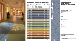 Kleuren
nora® plinten
noraplan® S 1023 U
S 1024 U
signa

nora® plinten en hoekplinten
SA 7002 A/D
S 3003 A/D
SI 7001 A/D

nora®
voegpasta

nora®
lasdraad

2780

1150*

2780

2780

2930

2930

2930

2930

2931

2931

2931

2931

2932

2380

2781

1579*

2933

2933

2934

0749*

2935

0716

2936

2936

2936

2936

2937

2937

2937

2937

2938

4877*

2939

4877

2940

2099

2099

2941

2941

2941

2942

0716*

2942

2943

2106

2106

2787

6192*

2787

2784

2302*

2784

2944

2944

2945

2944*
4881*

2779

2785

2786*

2785

2786

2786

2786

2946

2944*

2946

2947

0214*

2102

2948

0214*

2948

2949

2949

2949

2949

2950

2950

2950

2950

2951

2951

2951

2952

4873

2952

2953

2953

2954

2954

Rubber vloerbedekking
met een harmonisch
gemêleerd drie kleuren granulaat

2945

2779

noraplan® mega

Kleurenpalet nora® accessoires voor noraplan® signa

2955

2380
1579

2781
2933
2934

0716

2306

2938
4877

2944

2953

2939

2944

noraplan® mega · 2.0 mm
20
Art. 106
~ 1.22 m x 15.0 m
Art. 206
~ 610 mm x 610 mm
15 = 5.58 m2 per doos
nora® proﬁel-aansluitmaat: A + U

noraplan® mega · 3.0 mm
8
Art. 1081
~ 1.22 m x 12.0 m

2953

nora® proﬁel-aansluitmaat: D + U

2954
2955

2955

2956

2635*

2957

2958

2635*

2958

2959

2398

2960

2636

2636

2961

2635

2635

2962

2962

2963

2963

2963

2633

2964

2964

2964

2384

Deze kleuren zijn ook leverbaar in de volgende speciale

2965

2965

2965

2966

2966

2966

vloerbedekkingen:

2967

2967

2632

2968

2968

2968

2969

2968*

2969

2970
29C

4885

2957

2956

2970

2970

2398

2398

2962

* Niet precies passend bij de grondkleur, nora advies Empfehlung

29D

noraplan® mega ed · begrensd elektrisch geleidend, dissipatief
noraplan® mega acoustic · contact geluid isolerende waarde 20 dB
30

 