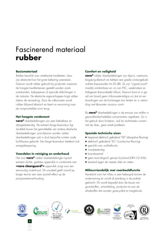 Fascinerend materiaal
rubber
Basismateriaal
Rubber beschikt over uitstekende kwaliteiten, door
zijn elasticiteit kan het grote belasting weerstaan.
Daarom wordt rubber gebruikt bij producten waaraan
de hoogste kwaliteitseisen gesteld worden zoals
autobanden, babyspenen of speciale afdichtingen in
de industrie. De elastische eigenschappen krijgt rubber
tijdens de verwerking. Door de vulkanisatie wordt
rubber blijvend elastisch en keert na vervorming naar
de oorspronkelijke vorm terug.
Het hoogste rendement
nora® vloerbedekkingen zijn zeer belastbaar en
slijtagebestendig. De extreem lange levensduur ligt
duidelijk boven het gemiddelde van andere elastische
vloerbedekkingen. Juist daarom worden rubber
vloerbedekkingen ook in druk bezochte ruimten zoals
luchthavens gebruikt. Een lange levensduur betekent ook
energiebesparing.

Comfort en veiligheid
nora® rubber vloerbedekkingen zijn slipvrij, voetwarm,
langdurig elastisch en hebben een goede contactgeluidsisolatie (topwaarden tot 20 dB). Ze zijn “cigaret proof“,
moeilijk ontvlambaar en vrij van PVC, weekmakers en
halogenen (bijvoorbeeld chloor). Daarom komt er in geval van brand geen chloorwaterstofgas vrij dat tot verbrandingen van de luchtwegen kan leiden en in verbinding met bluswater zoutzuur vormt.
Bij nora® vloerbedekkingen is de emissie van stoffen in
gezondheidschadelijke concentraties uitgesloten. Zo is
het gebruik door kinderen, ook bij rechtstreeks contact
met de vloer, geen enkel probleem.
Speciale technische eisen
begrensd elektrisch geleidend “ED“ (dissipative flooring)
elektrisch geleidend “EC“ (conductive flooring)
geschikt voor vorkheftrucks
insnijbestendig

Voordelen in reiniging en onderhoud
Het voor nora® rubber vloerbedekkingen typisch

brandwerend

extreem dichte, gesloten oppervlak in combinatie met
«nora cleanguard®» oppervlak zorgt voor een

bestand tegen de meeste oliën en vetten

eenvoudig onderhoud. Dit voordeel geeft vooral op
langer termijn een zeer positief effect op de
prijs-prestatie-verhouding.

geen toxicologisch gevaar bij brand (DIN 53 436)

Milieuvriendelijk met voorbeeldfunctie
Aandacht voor het milieu is zeer belangrijk binnen de
onderneming en wordt al jarenlang in de praktijk
gebracht. Dit wordt bepaald door de keuze van
grondstoffen, ontwikkeling, productie tot aan de
afvalstoffen die worden gerecycled en hergebruikt.

Regelmatige
kwaliteitscontrole
door

BRE „A“ Rating
(best possible)
for noraplan® 913
floorcoverings

4

registratienummer:
D-153-00016

gecertificeerd
volgens ISO 9001

 