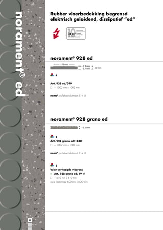 norament® ed

Rubber vloerbedekking begrensd
elektrisch geleidend, dissipatief ”ed”
Voor de in onze
garantievoorwaarden*

j a a r aangegeven
elektrostatische
garantietermijn kenmerken.
*aan te vragen op aangegeven adres

norament® 928 ed

4
Art. 928 ed/399
~ 1002 mm x 1002 mm
nora® proﬁel-aansluitmaat: E + U

norament® 928 grano ed

8
Art. 928 grano ed/1880
~ 1002 mm x 1002 mm
nora® proﬁel-aansluitmaat: E + U

5
Voor verhoogde vloeren:
Art. 928 grano ed/1911
~ 610 mm x 610 mm
voor rastermaat 600 mm x 600 mm

40

 