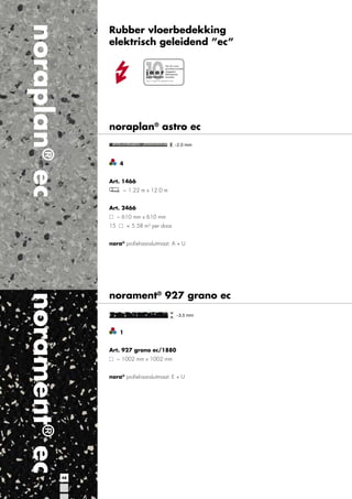 noraplan® ec

Rubber vloerbedekking
elektrisch geleidend ”ec”
Voor de in onze
garantievoorwaarden*

j a a r aangegeven
elektrostatische
garantietermijn kenmerken.
*aan te vragen op aangegeven adres

noraplan® astro ec
~2.0 mm

4
Art. 1466
~ 1.22 m x 12.0 m
Art. 2466
~ 610 mm x 610 mm
= 5.58 m2 per doos

15

nora® proﬁel-aansluitmaat: A + U

norament® ec

norament® 927 grano ec

1
Art. 927 grano ec/1880
~ 1002 mm x 1002 mm
nora® proﬁel-aansluitmaat: E + U

48

 