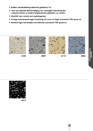 Rubber vloerbedekking elektrisch geleidend ”ec”
Voor een optimale ESD beveiliging van verhoogde vloerelementen,
computerruimtes en andere hoogtechnische gebieden c.q. ruimtes
Geschikt voor ruimtes met explosiegevaar
In hoge mate bestand tegen inwerking van zuren en logen (norament® 927 grano ec)
Bestand tegen het berijden met heftrucks (norament® 927 grano ec)

6007

6114

6056

4617

49

Speciale
vloerbedekkingen

6102

 