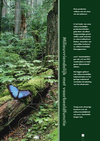 Onze producten
voldoen aan de eisen
van de toekomst.

In het kader van onze
milieuvriendelijke
productiemethoden
gebruiken wij alleen
hoogwaardige grond-

Milieuvriendelijk met voorbeeldfunctie

stoffen zoals industrieen natuurrubberkwaliteiten, mineralen van
natuurlijke herkomst
en milieuvriendelijke
kleurpigmenten.

nora® vloerbedekkingen zijn vrij van PVC,
weekmakers en halogenen (bijvoorbeeld
chloor).
Het leggen gebeurt
met milieuvriendelijke
hulpmaterialen en het
geringe onderhoud
vermindert de belasting
van het afvalwater.

Vraag onze uitvoerige
brochure over de
milieuvriendelijkheid
van onze vloerbedekkingen aan.

5

 