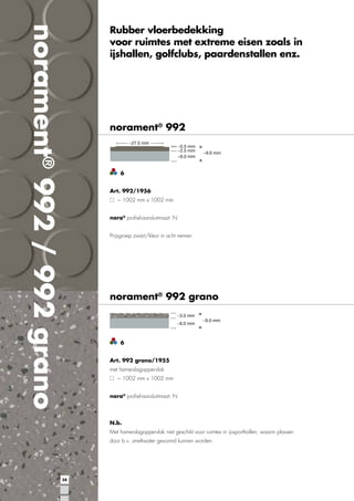 norament® 992 / 992 grano

Rubber vloerbedekking
voor ruimtes met extreme eisen zoals in
ijshallen, golfclubs, paardenstallen enz.

norament® 992

6
Art. 992/1956
~ 1002 mm x 1002 mm
nora® proﬁel-aansluitmaat: N
Prijsgroep zwart/kleur in acht nemen

norament® 992 grano

6
Art. 992 grano/1955
met hamerslagoppervlak
~ 1002 mm x 1002 mm
nora® proﬁel-aansluitmaat: N

N.b.
Met hamerslagoppervlak niet geschikt voor ruimtes in ijssporthallen, waarin plassen
door b.v. smeltwater gevormd kunnen worden.

58

 