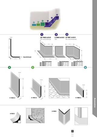 3
2
4
6

1

5

1
SA 7002 A/D/E
Plint met buitenhoek

3

2
S 3003 A/D/E
Plint

SI 7001 A/D/E
Plint met binnenhoek

Aansluitmaat

Aansluitmaaten
SA 7002 A = 2.1 mm
SA 7002 D = 3.1 mm
SA 7002 E = 3.7 mm

4

Aansluitmaaten
SI 7001 A = 2.1 mm
SI 7001 D = 3.1 mm
SI 7001 E = 3.7 mm

5

6

S 1008 U

S 1023 U

K 9022
H 9010

77

Accessoires

S 1024 U

Aansluitmaaten
S 3003 A = 2.1 mm
S 3003 D = 3.1 mm
S 3003 E = 3.7 mm

 
