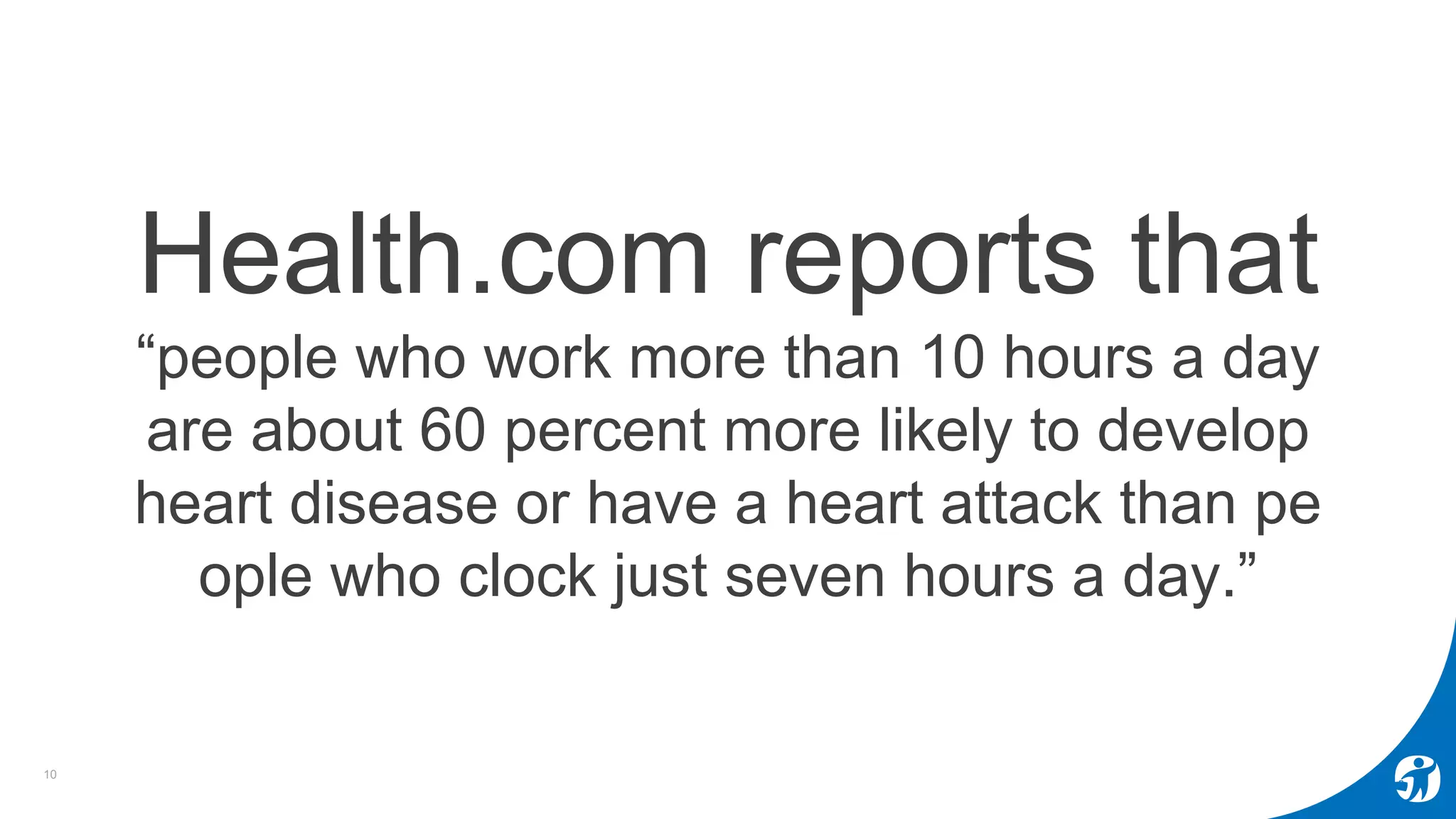 10
Health.com reports that
“people who work more than 10 hours a day
are about 60 percent more likely to develop
heart disease or have a heart attack than pe
ople who clock just seven hours a day.”
 