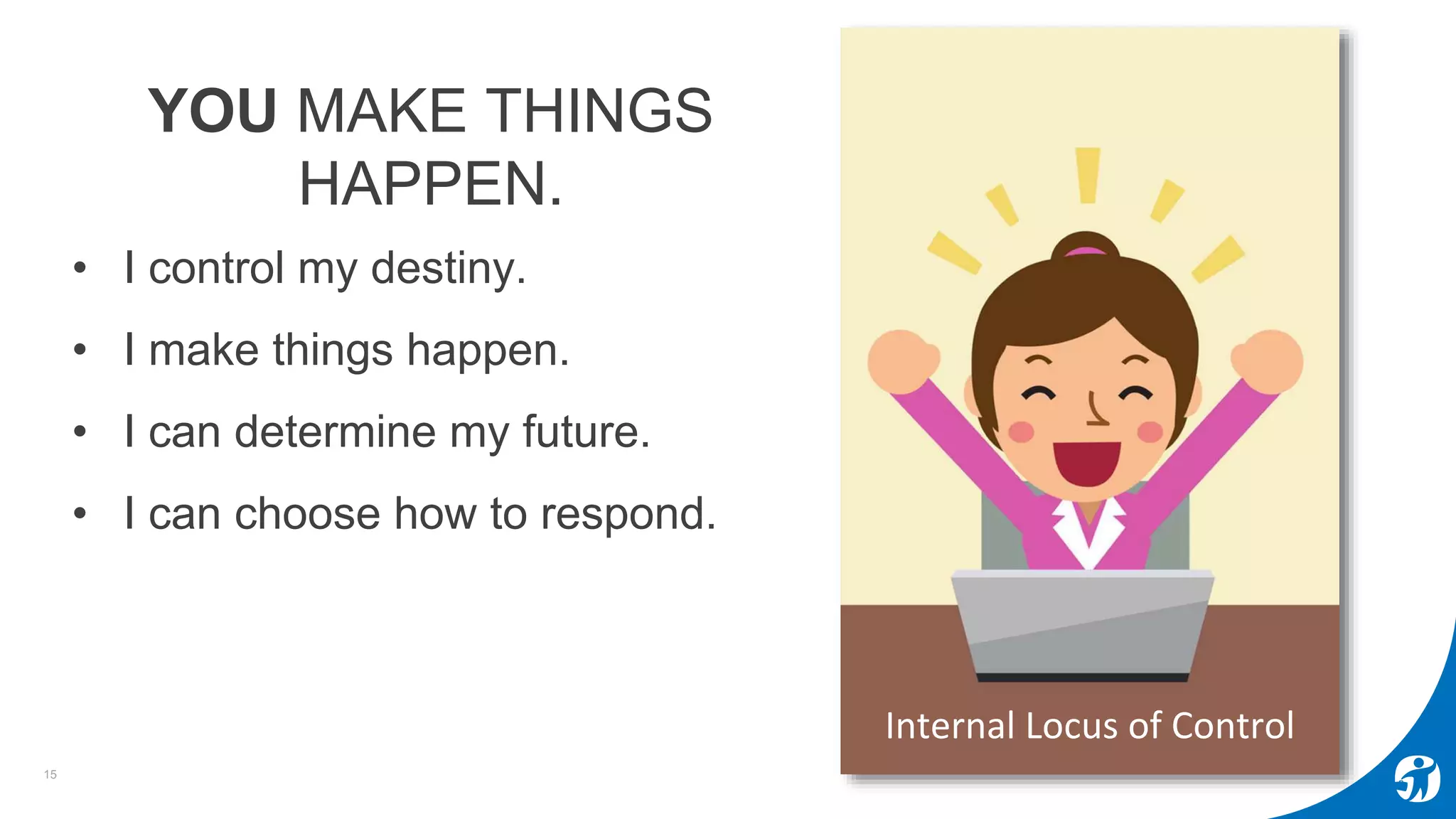 15
Internal Locus of Control
• I control my destiny.
• I make things happen.
• I can determine my future.
• I can choose how to respond.
YOU MAKE THINGS
HAPPEN.
 