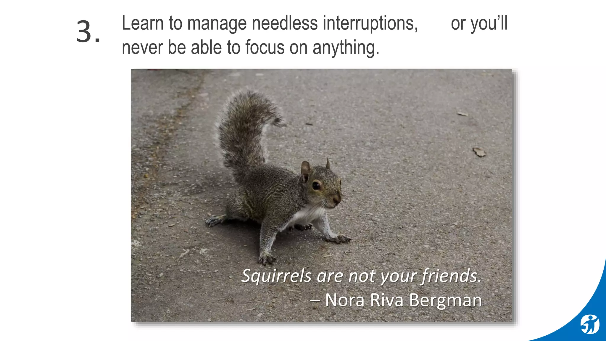 Squirrels are not your friends.
– Nora Riva Bergman
Learn to manage needless interruptions, or you’ll
never be able to focus on anything.
3.
 
