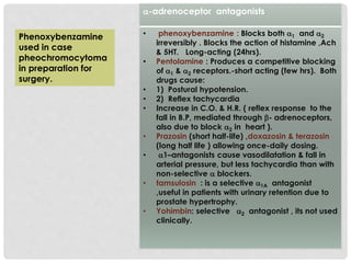 -adrenoceptor antagonists
• phenoxybenzamine : Blocks both 1 and 2
irreversibly . Blocks the action of histamine ,Ach
& 5HT. Long-acting (24hrs).
• Pentolamine : Produces a competitive blocking
of 1 & 2 receptors.-short acting (few hrs). Both
drugs cause:
• 1) Postural hypotension.
• 2) Reflex tachycardia
• Increase in C.O. & H.R. ( reflex response to the
fall in B.P, mediated through - adrenoceptors,
also due to block 2 in heart ).
• Prazosin (short half-life) ,doxazosin & terazosin
(long half life ) allowing once-daily dosing.
• 1–antagonists cause vasodilatation & fall in
arterial pressure, but less tachycardia than with
non-selective  blockers.
• tamsulosin : is a selective 1A antagonist
,useful in patients with urinary retention due to
prostate hypertrophy.
• Yohimbin: selective 2 antagonist , its not used
clinically.
Phenoxybenzamine
used in case
pheochromocytoma
in preparation for
surgery.
 