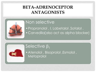 BETA-ADRENOCEPTOR
ANTAGONISTS
Non selective
•Propranolol , l, Labetalol ,Sotalol .
•Carvedilo)also act as alpha blocker)
Selective 1
•Atenolol , Bisoprolol ,Esmolol ,
Metoprolol
 