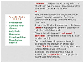 • Labetalol a competitive ,antagonsits is
effective in hypertension. -blockers are less
effective in blacks & the elderly.
• IHD
• Reduce the frequency of anginal episodes.
Improve exercise tolerance. Decrease
cardiac work & oxyge demand. Reduce
heart rate.
• In supraventricular & ventricular arrhythmias.
Sotalol has potassium channel blockade in
addition to its –blockade .
• Chronic heart failure with metoprolol, &
carvedilol ( myocardial remodeling & risk of
sudden death).
• Decrease intra ocular presure through
decreasing the production of aqueous
humor. Timolol & related -antagonists are
suitable for local use in the eye .
• Blockade of catecholamine-induced
vasodilation propranolol as a prophylactic
agent used for migraine.
• Hypertension
• Ischemic heart
disease
• Arrhythmia
• Glaucoma
• Hyperthyroidism
• Neurological
disease
C L I N I C A L
U S E S
 