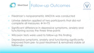 Follow-up Outcomes
 Friedman’s nonparametric ANOVA was conducted
 Listwise deletion applied of two participants that did not
complete all measures  N=75
 Significant difference in depressive symptoms, anxiety and
functioning across the three time-points
 Wilcoxon tests were used to follow-up this finding
 Depressive symptoms, anxiety and functioning significantly
improved from pre- to post-treatment & remained stable at
follow-up
 
