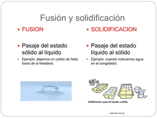 Fusión y solidificación 
 FUSION 
 Pasaje del estado 
sólido al líquido 
 Ejemplo: dejamos un cubito de hielo 
fuera de la heladera. 
 SOLIDIFICACION 
 Pasaje del estado 
líquido al sólido 
 Ejemplo: cuando colocamos agua 
en el congelador. 
www.abc.com.py 
 