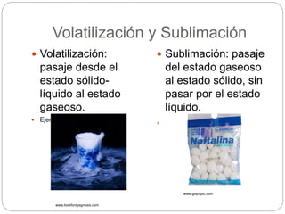 Volatilización y Sublimación 
 Volatilización: 
pasaje desde el 
estado sólido-líquido 
al estado 
gaseoso. 
 Ejemplo: el hielo seco 
 Sublimación: pasaje 
del estado gaseoso 
al estado sólido, sin 
pasar por el estado 
líquido. 
 .Ejemplo: la naftalina 
www.lookfordyagnosis.com 
www.gopixpic.com 
 