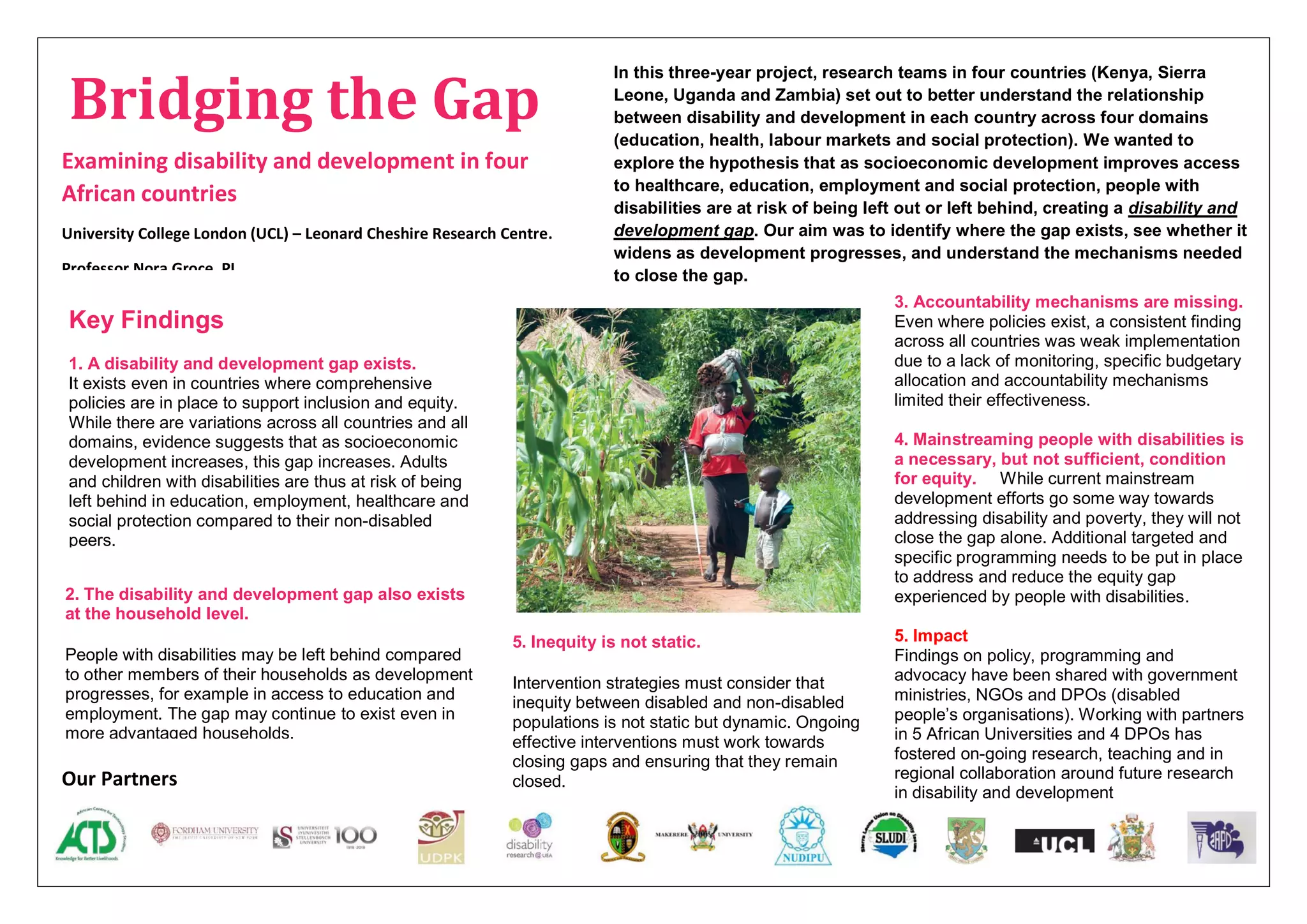Bridging the Gap
Examining disability and development in four
African countries
University College London (UCL) – Leonard Cheshire Research Centre.
Professor Nora Groce, PI
Centre, N
Our Partners
In this three-year project, research teams in four countries (Kenya, Sierra
Leone, Uganda and Zambia) set out to better understand the relationship
between disability and development in each country across four domains
(education, health, labour markets and social protection). We wanted to
explore the hypothesis that as socioeconomic development improves access
to healthcare, education, employment and social protection, people with
disabilities are at risk of being left out or left behind, creating a disability and
development gap. Our aim was to identify where the gap exists, see whether it
widens as development progresses, and understand the mechanisms needed
to close the gap.
Key Findings
1. A disability and development gap exists.
It exists even in countries where comprehensive
policies are in place to support inclusion and equity.
While there are variations across all countries and all
domains, evidence suggests that as socioeconomic
development increases, this gap increases. Adults
and children with disabilities are thus at risk of being
left behind in education, employment, healthcare and
social protection compared to their non-disabled
peers.
2. The disability and development gap also exists
at the household level.
People with disabilities may be left behind compared
to other members of their households as development
progresses, for example in access to education and
employment. The gap may continue to exist even in
more advantaged households.
3. Accountability mechanisms are missing.
Even where policies exist, a consistent finding
across all countries was weak implementation
due to a lack of monitoring, specific budgetary
allocation and accountability mechanisms
limited their effectiveness.
4. Mainstreaming people with disabilities is
a necessary, but not sufficient, condition
for equity. While current mainstream
development efforts go some way towards
addressing disability and poverty, they will not
close the gap alone. Additional targeted and
specific programming needs to be put in place
to address and reduce the equity gap
experienced by people with disabilities.
5. Impact
Findings on policy, programming and
advocacy have been shared with government
ministries, NGOs and DPOs (disabled
people’s organisations). Working with partners
in 5 African Universities and 4 DPOs has
fostered on-going research, teaching and in
regional collaboration around future research
in disability and development
5. Inequity is not static.
Intervention strategies must consider that
inequity between disabled and non-disabled
populations is not static but dynamic. Ongoing
effective interventions must work towards
closing gaps and ensuring that they remain
closed.
 