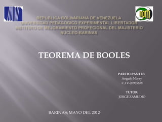 TEOREMA DE BOOLES

                          PARTICIPANTES:
                            Angulo Noray
                            C.I V-20965658

                              TUTOR:
                          JORGE ZAMUDIO




 BARINAS; MAYO DEL 2012
 
