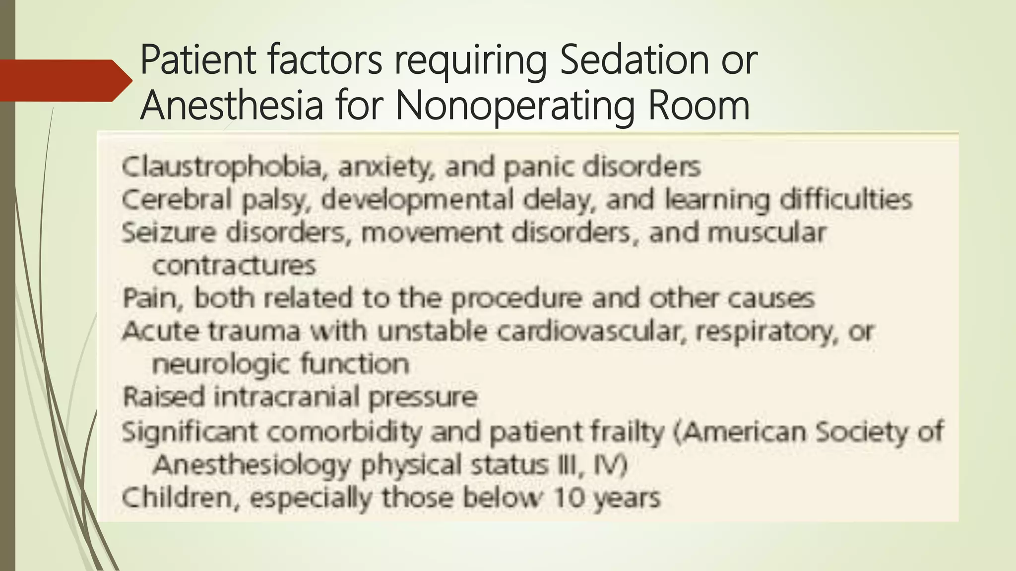 Patient factors requiring Sedation or
Anesthesia for Nonoperating Room
 