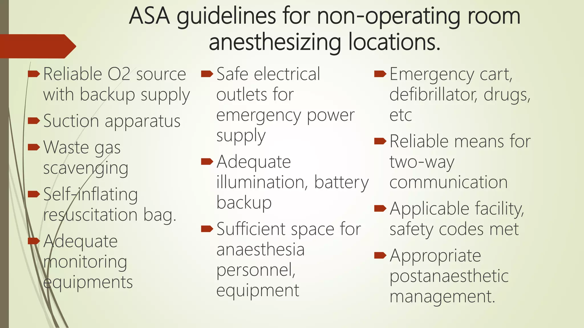 ASA guidelines for non-operating room
anesthesizing locations.
Reliable O2 source
with backup supply
Suction apparatus
Waste gas
scavenging
Self-inflating
resuscitation bag.
Adequate
monitoring
equipments
Safe electrical
outlets for
emergency power
supply
Adequate
illumination, battery
backup
Sufficient space for
anaesthesia
personnel,
equipment
Emergency cart,
defibrillator, drugs,
etc
Reliable means for
two-way
communication
Applicable facility,
safety codes met
Appropriate
postanaesthetic
management.
 
