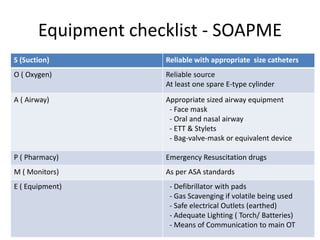 Equipment checklist - SOAPME
S (Suction) Reliable with appropriate size catheters
O ( Oxygen) Reliable source
At least one spare E-type cylinder
A ( Airway) Appropriate sized airway equipment
- Face mask
- Oral and nasal airway
- ETT & Stylets
- Bag-valve-mask or equivalent device
P ( Pharmacy) Emergency Resuscitation drugs
M ( Monitors) As per ASA standards
E ( Equipment) - Defibrillator with pads
- Gas Scavenging if volatile being used
- Safe electrical Outlets (earthed)
- Adequate Lighting ( Torch/ Batteries)
- Means of Communication to main OT
 