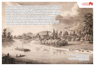 Piętnastowieczny kronikarz Jan Długosz w dziele Liber beneficiorum opisał średniowieczny wygląd zwierzynieckiego
konwentu. Klasztor był wówczas drewniany, a jego zabudowania okalał warowny mur. Niestety w 1494 roku założenie
strawił pierwszy poważny pożar; kolejne w 1527 i 1587 – ten drugi był wynikiem oblężenia Krakowa przez wojska
arcyksięcia Maksymiliana Habsburga – doprowadziły zabudowania do całkowitej ruiny. Ze zniszczeń i tarapatów
finansowych podźwignęła klasztor na początku XVII wieku rzutka ksieni Dorota Kątska, najmłodsza z sześciu ocalałych
z oblężenia mniszek. Odbudowę w duchu baroku przeprowadzono według projektu architekta Giovanniego Trevano.
In his book Liber beneficiorum, Johannes Longinus (Dlugossius), 15th century Polish chronicler, describes
the medieval Zwierzyniec convent as a fortified, walled complex of a wooden convent and outbuildings.
Unluckily, in 1494 it burned down in the first great fire, and was completely destroyed by two other fires:
in 1527 and 1587, the latter during the siege of Kraków by the army of Maximilian Habsburg, Archduke of Austria.
Owing to the efforts of Abbess Dorota Kątska, the youngest of six nuns who survived the siege, at the beginning
of the 17th century it was rebuilt in the Baroque style to a design by architect Giovanni Trevano.
Widok klasztoru ze Zwierzyńca pod Krakowem. W tle widać także Bielany,
Mogiłę Kościuszki i lipę Zamojską, litografia 1823–1850.
Biblioteka Narodowa, domena publiczna
View of the Zwierzyniec convent near Kraków and of Bielany Monastery,
Kościuszko Mound and Zamoyska Lime Tree, lithograph, 1823–1850.
National Library, public domain
 