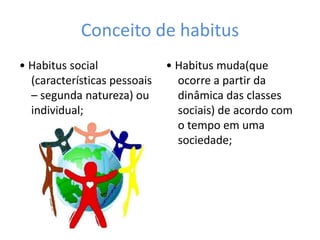 Conceito de habitus
• Habitus social
(características pessoais
– segunda natureza) ou
individual;
• Habitus muda(que
ocorre a partir da
dinâmica das classes
sociais) de acordo com
o tempo em uma
sociedade;
 