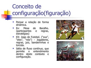Conceito de configuração(figuração) Pensar a relação de forma dinâmica. Ex: Mesa de Baralho. (participantes e regras, estratégias) EX: Jogo de Futebol. (“eus”, “eles”, “nós”) - Jogadores, regras, juiz, bandeirinhas e torcida. Idéia de fluxo contínuo, que permite o entendimento dentro deste contexto e configuração. 