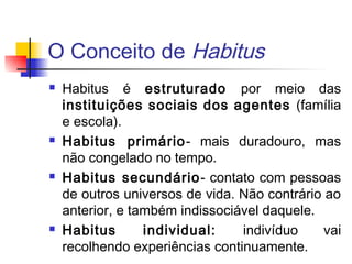 O Conceito de Habitus
 Habitus é estruturado por meio das
instituições sociais dos agentes (família
e escola).
 Habitus primário- mais duradouro, mas
não congelado no tempo.
 Habitus secundário- contato com pessoas
de outros universos de vida. Não contrário ao
anterior, e também indissociável daquele.
 Habitus individual: indivíduo vai
recolhendo experiências continuamente.
 
