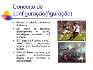 Conceito de
configuração(figuração)
 Pensar a relação de forma
dinâmica.
 Ex: Mesa de Baralho.
(participantes e regras,
estratégias formando uma
unidade)
 EX: Jogo de Futebol. (“eus”,
“eles”, “nós”) - Jogadores,
regras, juiz, bandeirinhas e
torcida.
 Idéia de fluxo contínuo, que
permite o entendimento
dentro deste contexto e
configuração.
 