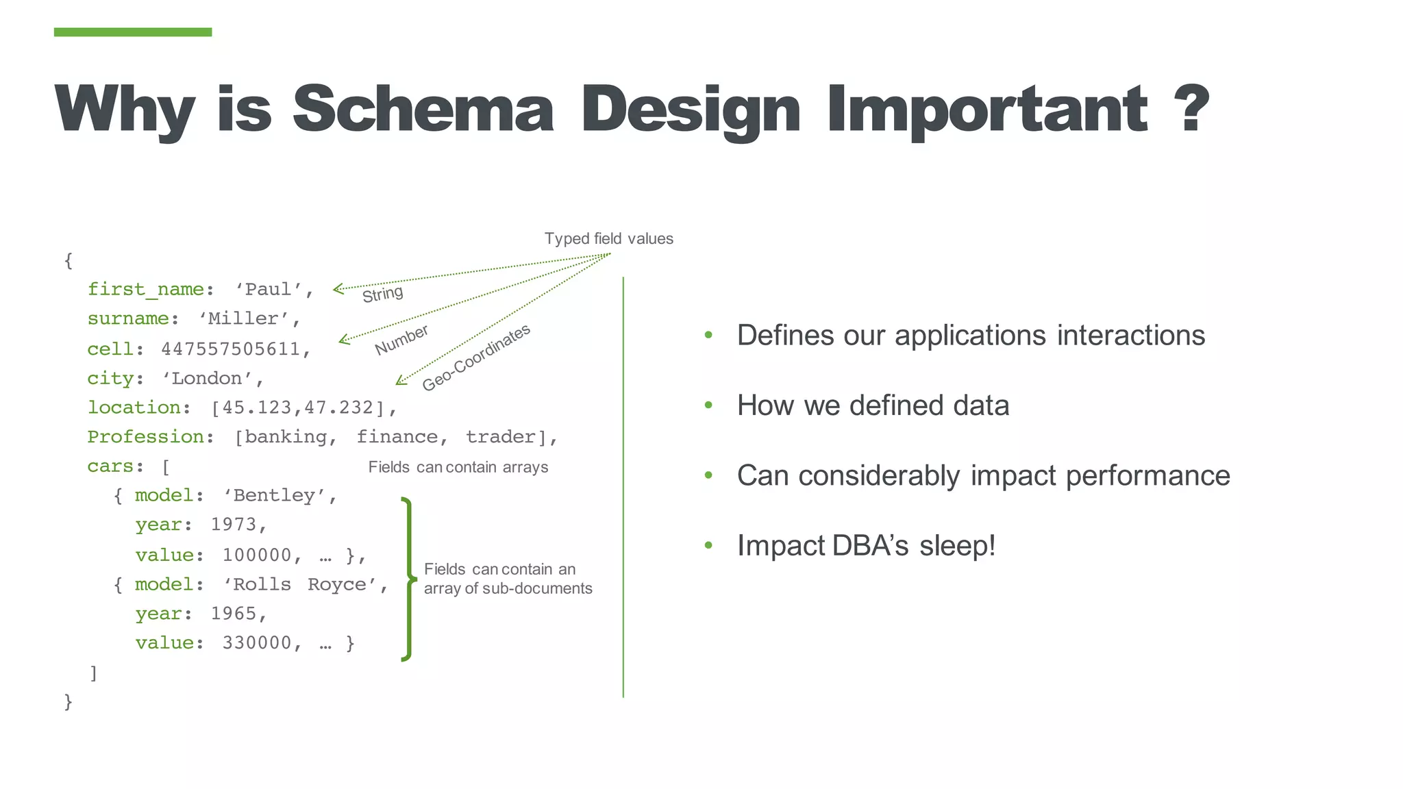 Why is Schema Design Important ?
• Defines our applications interactions
• How we defined data
• Can considerably impact performance
• Impact DBA’s sleep!
{
first_name: ‘Paul’,
surname: ‘Miller’,
cell: 447557505611,
city: ‘London’,
location: [45.123,47.232],
Profession: [banking, finance, trader],
cars: [
{ model: ‘Bentley’,
year: 1973,
value: 100000, … },
{ model: ‘Rolls Royce’,
year: 1965,
value: 330000, … }
]
}
Fields can contain an
array of sub-documents
Typed field values
Fields can contain arrays
 