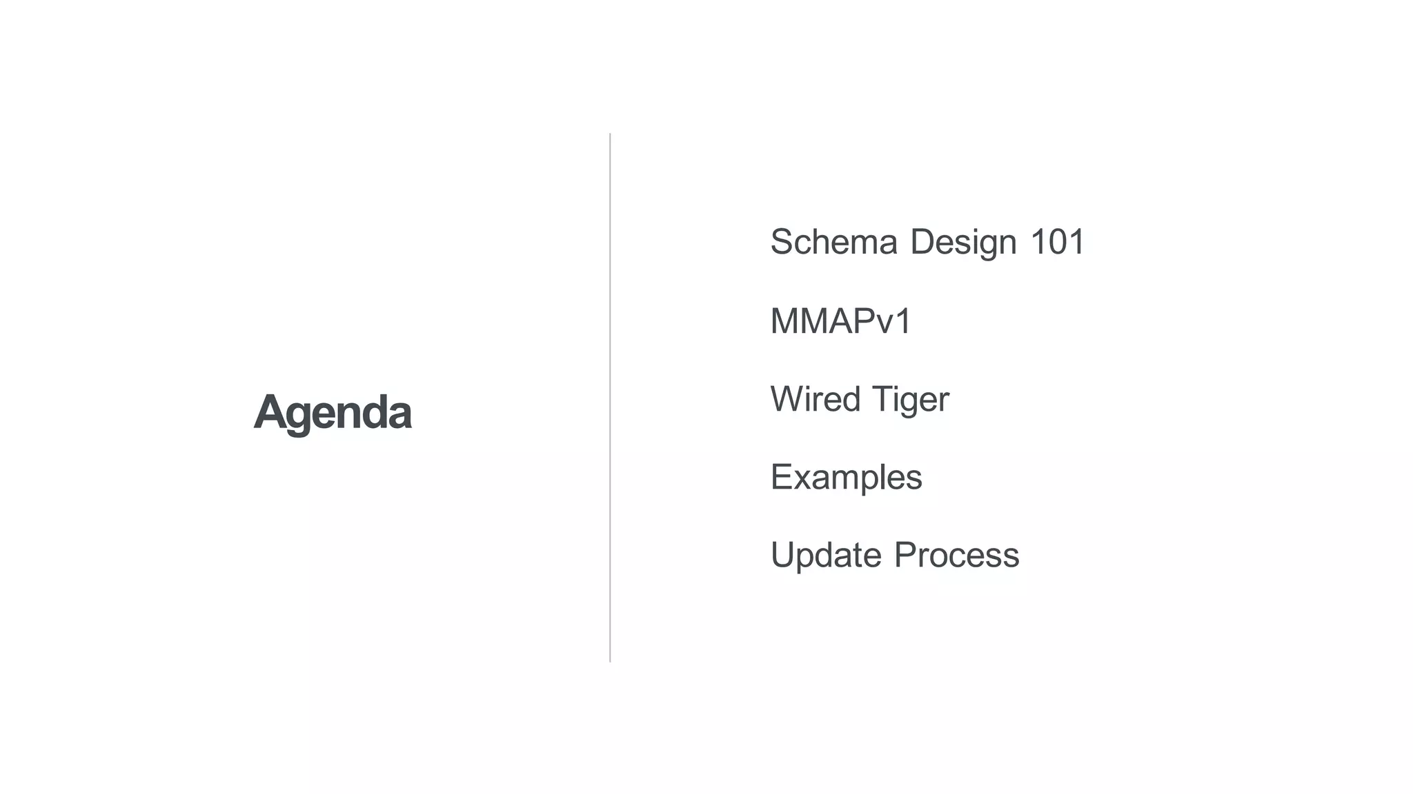 Agenda
Schema Design 101
MMAPv1
Wired Tiger
Examples
Update Process
 
