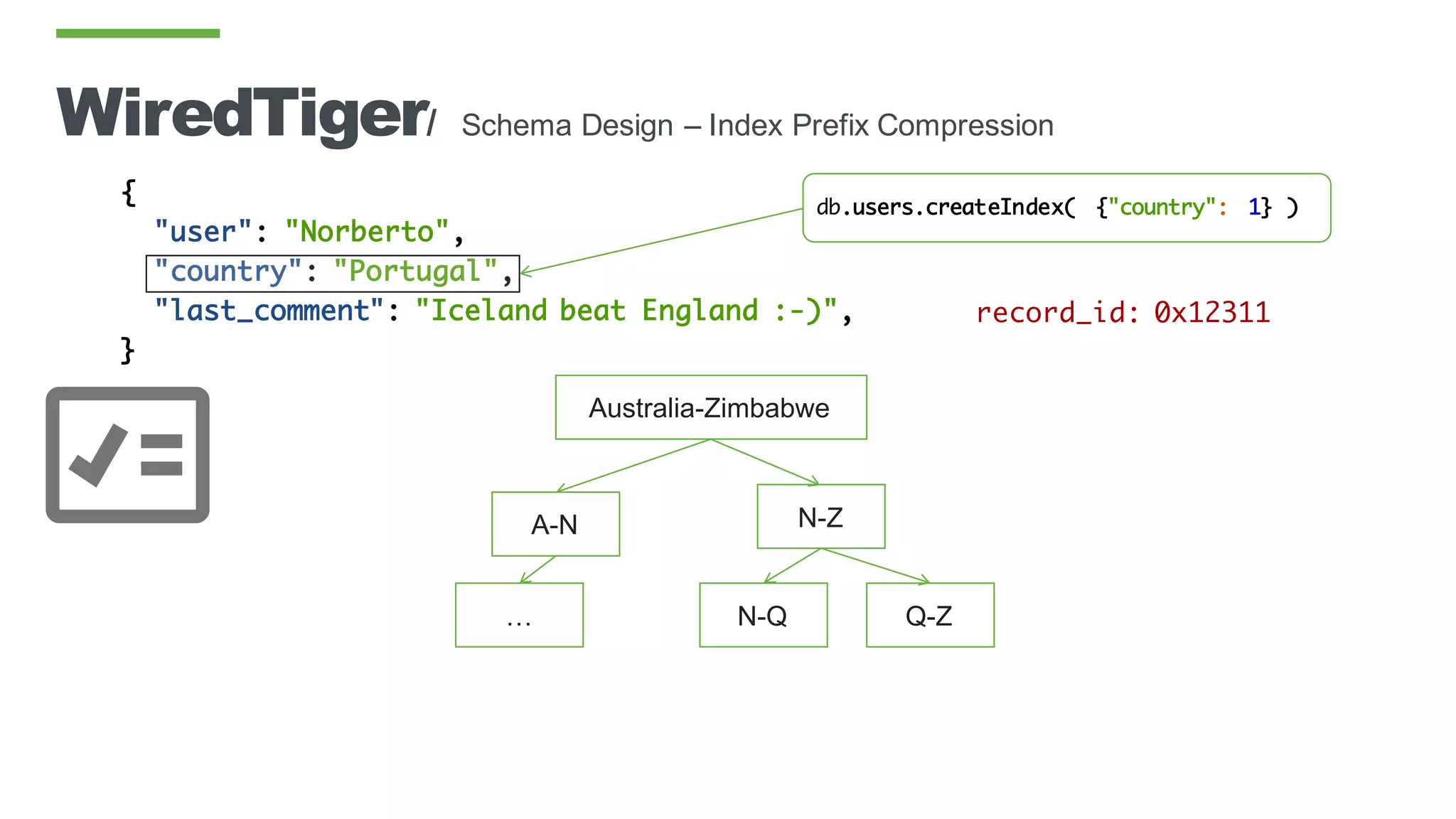 WiredTiger/ Schema Design – Index Prefix Compression
{
"user": "Norberto",
"country": "Portugal",
"last_comment": "Iceland beat England :-)",
}
db.users.createIndex( {"country": 1} )
Australia-Zimbabwe
A-N N-Z
N-Q Q-Z…
record_id: 0x12311
 