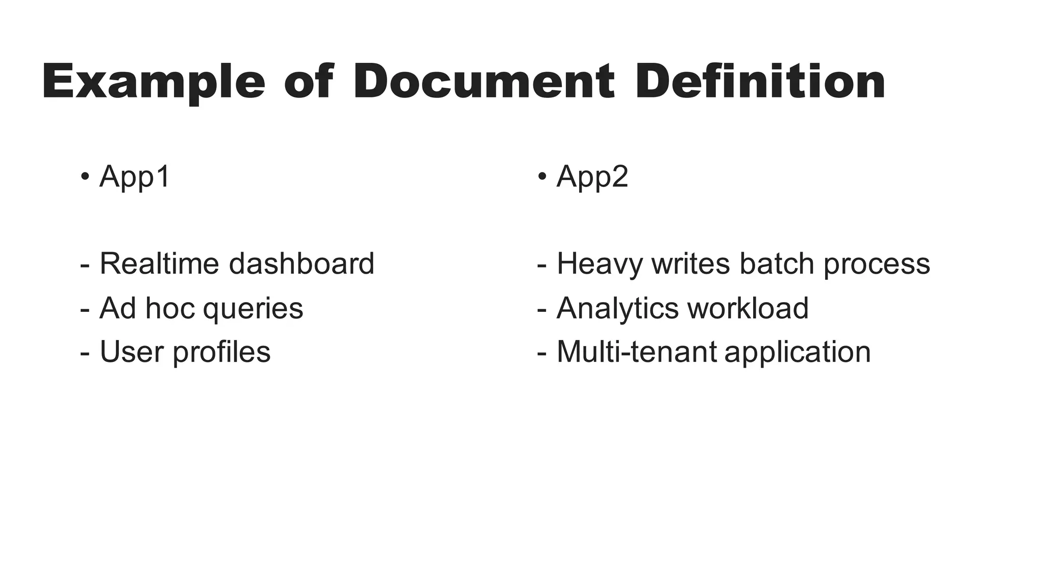 Example of Document Definition
• App1
- Realtime dashboard
- Ad hoc queries
- User profiles
• App2
- Heavy writes batch process
- Analytics workload
- Multi-tenant application
 