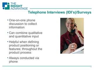 17
• One-on-one phone
discussion to collect
information
• Can combine qualitative
and quantitative input
• Helpful when defining
product positioning or
features; throughout the
product process
• Always conducted via
phone
Telephone Interviews (IDI’s)/Surveys
 