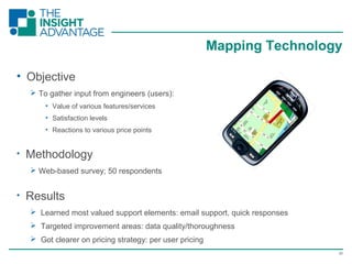 20
• Objective
 To gather input from engineers (users):
• Value of various features/services
• Satisfaction levels
• Reactions to various price points
• Methodology
 Web-based survey; 50 respondents
• Results
 Learned most valued support elements: email support, quick responses
 Targeted improvement areas: data quality/thoroughness
 Got clearer on pricing strategy: per user pricing
Mapping Technology
 