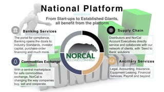 Banking Services
The portal for compliance,
Banking opens the doors to
Industry Standards, investor
capital, purchase-order
financing and much more.
Supply Chain
Distributors and NorCal
Account Executives directly
service and collaborate with our
network of clients, with ‘Seed to
Bank’ solutions
Commodities Exchange
With a central marketplace
for safe commodities
exchange, NorCal is
changing the way companies
buy, sell and cooperate.
Ancillary Services
Legal, Accounting, Insurance,
Equipment Leasing, Financial
Services, Payroll and beyond
From Start-ups to Established Giants,
all benefit from the platform
National Platform
 