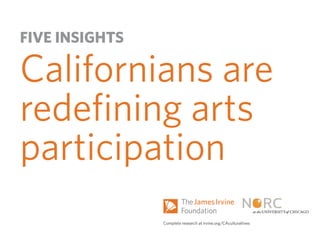 FIVE INSIGHTS
Californians are
redeﬁning arts
participation
Complete research at irvine.org/CAculturallives
 