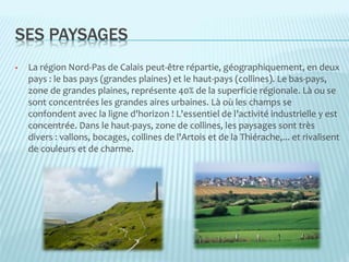 SES PAYSAGES
• La région Nord-Pas de Calais peut-être répartie, géographiquement, en deux
pays : le bas pays (grandes plaines) et le haut-pays (collines). Le bas-pays,
zone de grandes plaines, représente 40% de la superficie régionale. Là ou se
sont concentrées les grandes aires urbaines. Là où les champs se
confondent avec la ligne d'horizon ! L'essentiel de l'activité industrielle y est
concentrée. Dans le haut-pays, zone de collines, les paysages sont très
divers : vallons, bocages, collines de l'Artois et de la Thiérache,... et rivalisent
de couleurs et de charme.
 