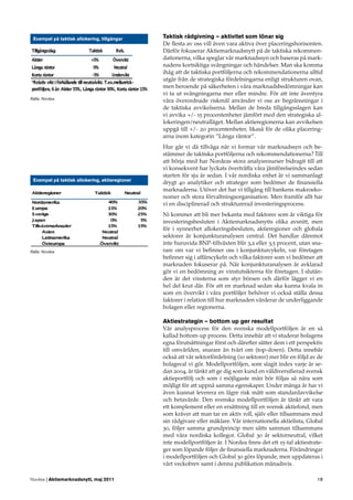 Exempel på taktisk allokering, tillgångar      Taktisk rådgivning – aktivitet som lönar sig
                                                De ﬂesta av oss vill även vara aktiva över placeringshorisonten.
                                                Därför fokuserar Aktiemarknadsnytt på de taktiska rekommen-
                                                dationerna, vilka speglar vår marknadssyn och baseras på mark-
                                                nadens kortsiktiga svängningar och händelser. Man ska komma
                                                ihåg att de taktiska portföljerna och rekommendationerna alltid
                                                utgår från de strategiska fördelningarna enligt strukturen ovan,
                                                men beroende på säkerheten i våra marknadsbedömningar kan
                                                vi ta ut svängningarna mer eller mindre. För att inte äventyra
Källa: Nordea
                                                våra överordnade riskmål använder vi oss av begränsningar i
                                                de taktiska avvikelserna. Mellan de breda tillgångsslagen kan
                                                vi avvika +/- 15 procentenheter jämfört med den strategiska al-
                                                lokeringen/neutralläget. Mellan aktieregionerna kan avvikelsen
                                                uppgå till +/- 20 procentenheter, likaså för de olika placering-
                                                arna inom kategorin ”Långa räntor”.
                                                Hur går vi då tillväga när vi formar vår marknadssyn och be-
                                                stämmer de taktiska portföljerna och rekommendationerna? Till
                                                att börja med har Nordeas stora analysresurser bidragit till att
                                                vi konsekvent har lyckats överträffa våra jämförelseindex sedan
                                                starten för sju år sedan. I vår nordiska enhet är vi sammanlagt
 Exempel på taktisk allokering, aktieregioner
                                                drygt 40 analytiker och strateger som bedömer de ﬁnansiella
                                                marknaderna. Utöver det har vi tillgång till bankens makroeko-
                                                nomer och stora förvaltningsorganisation. Men framför allt har
                                                vi en disciplinerad och strukturerad investeringsprocess.
                                                Ni kommer att bli mer bekanta med faktorer som är viktiga för
                                                investeringsbesluten i Aktiemarknadsnytts olika avsnitt, men
                                                för i synnerhet allokeringsbesluten, aktieregioner och globala
                                                sektorer är konjunkturanalysen central. Det handlar däremot
                                                inte huruvida BNP-tillväxten blir 3,2 eller 3,5 procent, utan sna-
Källa: Nordea                                   rare om var vi beﬁnner oss i konjunkturcykeln, var företagen
                                                beﬁnner sig i affärscykeln och vilka faktorer som vi bedömer att
                                                marknaden fokuserar på. När konjunkturanalysen är avklarad
                                                gör vi en bedömning av vinstutsikterna för företagen. I slutän-
                                                den är det vinsterna som styr börsen och därför lägger vi en
                                                hel del krut där. För att en marknad sedan ska kunna kvala in
                                                som en övervikt i våra portföljer behöver vi också ställa dessa
                                                faktorer i relation till hur marknaden värderar de underliggande
                                                bolagen eller regionerna.

                                                Aktiestrategin – bottom up ger resultat
                                                Vår analysprocess för den svenska modellportföljen är en så
                                                kallad bottom-up process. Detta innebär att vi studerar bolagens
                                                egna förutsättningar först och därefter sätter dem i ett perspektiv
                                                till omvärlden, snarare än tvärt om (top-down). Detta innebär
                                                också att vår sektorfördelning (10 sektorer) mer blir en följd av de
                                                bolagsval vi gör. Modellportföljen, som slagit index varje år se-
                                                dan 2004, är tänkt att ge dig som kund en väldiversiﬁerad svensk
                                                aktieportfölj och som i möjligaste mån bör följas så nära som
                                                möjligt för att uppnå samma egenskaper. Under många år har vi
                                                även kunnat leverera en lägre risk mätt som standardavvikelse
                                                och betavärde. Den svenska modellportföljen är tänkt att vara
                                                ett komplement eller en ersättning till en svensk aktiefond, men
                                                som kräver att man tar en aktiv roll, själv eller tillsammans med
                                                sin rådgivare eller mäklare. Vår internationella aktielista, Global
                                                30, följer samma grundprincip men sätts samman tillsammans
                                                med våra nordiska kollegor. Global 30 är sektorneutral, vilket
                                                inte modellportföljen är. I Nordea ﬁnns det ett 15-tal aktiestrate-
                                                ger som löpande följer de ﬁnansiella marknaderna. Förändringar
                                                i modellportföljen och Global 30 görs löpande, men uppdateras i
                                                vårt veckobrev samt i denna publikation månadsvis.

Nordea | Aktiemarknadsnytt, maj 2011                                                                             18
 