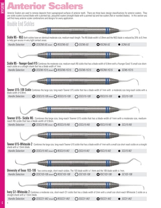 HYGIENE
4C
Anterior Scalers
Sickle N5 - Younger-Good #15 Combines the moderate size, medium-reach N5 sickle that has a blade width of 0.9mm with a Younger Good 15 small size short-
reach sickle on a straight shank that has a blade width of 1mm.
Handle Selection	 CESCN5-YG15 shown	 RESCN5-YG15	 ESCN5-YG15	 RSCN5-YG15	 SCN5-YG15
Sickle N5 - N5S Both sickles have an identical moderate size, medium-reach length. The N5 blade width is 0.9mm and the N5S blade is reduced by 20% to 0.7mm
to help gain access in very tight contact areas.
Handle Selection	 CESCN5-5S shown	 RESCN5-5S	 ESCN5-5S	 RSCN5-5S	 SCN5-5S		
DoubleEndSickles
Towner U15-109 Sickle Combines the large size, long-reach Towner U15 sickle that has a blade width of 1mm with a moderate size long-reach sickle with a
blade width of 0.9mm.
Handle Selection	 CESCU15-109 shown	 RESCU15-109	 ESCU15-109	 RSCU15-109	 SCU15-109
Towner U15- Sickle N5 Combines the large size, long-reach Towner U15 sickle that has a blade width of 1mm with a moderate size, medium-
reach N5 sickle that has a blade width of 0.9mm.
Handle Selection	 CESCU15-N5 shown	 RESCU15-N5	 ESCU15-N5	 RSCU15-N5	 SCU15-N5
Anterior Scalers are used to remove deposits from supragingival surfaces of anterior teeth. There are three basic design classifications for anterior scalers. They
are sickle scalers (curved blade with a pointed tip), Jacquette scalers (straight blade with a pointed tip) and hoe scalers (flat or rounded blades). In this section you
will find many anterior scaler combinations and designs for every application.
Towner U15-Whiteside 2 Combines the large size, long-reach Towner U15 sickle that has a blade width of 1mm with a small size short reach sickle on a straight
shank with a 1.5mm blade.
Handle Selection	 CESCU15-W2 shown	 RESCU15-W2	 ESCU15-W2	 RSCU15-W2	 SCU15-W2
Ivory Ci1-Whiteside 2 Combines a moderate size, short-reach CI1 sickle that has a blade width of 2mm with a small size short-reach Whiteside 2 sickle on a
straight shank with a 1.5mm blade.
Handle Selection	 CESCCI1-W2 shown	 RESCCI1-W2 	 ESCCI1-W2 	 RSCCI1-W2 	 SCCI1-W2
University of Texas 103-106 Two contra-angle, short-reach sickles. The 103 blade width is 1.4mm and the 106 blade width is 1mm.
Handle Selection	 CESC103-106 shown	 RESC103-106	 ESC103-106	 RSC103-106	 SC103-106
 