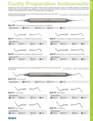 RESTORATIVE
7 F
Cavity Preparation Instruments
Excavators-LongShankSpoons
Spoon #1S 1.0mm diameter. This Excavator is also known as the #38-39.
Spoon #11S 1.0mm diameter.
Handle Selection	 CEEC1S	 REEC1S shown	 EEC1S	 EC1S
Handle Selection	 CEEC11S	 REEC11S shown	 EEC11S	 EC11S
Excavators are used in the removal of carious dentin. Nordent offers a complete selection of “Spoon” and “Blade” Excavators in a wide range
of blade widths and shank lengths for any application. All are made of high carbon stainless steel that is formed and precision ground by expert
craftsmen, then hardened for the ultimate in sharp edge retention and durability.
Standard Shank Spoon Excavators have a terminal shank length of 6mm set at a 50° angle
to the center line of the handle.
Long Shank Spoon Excavators have a terminal shank length of 10mm set at 53°to the center line
of the handle.
Spoon #1 1.2mm diameter. This Excavator is also known as the #17.
Spoon #11 1.2mm diameter.
Spoon #3 2.0mm diameter. This Excavator is also known as the #19.
Spoon #13 2.0mm diameter.
Spoon #2 1.6mm diameter. This Excavator is also known as the #18.
Spoon #12 1.6mm diameter.
Spoon #4 2.4mm diameter. This Excavator is also known as the #20.
Spoon #14 2.4mm diameter.
Handle Selection
	 CEEC1	 REEC1	 EEC1	 EC1
Handle Selection
	 CEEC11	 REEC11	 EEC11	 EC11
Handle Selection
	 CEEC3	 REEC3	 EEC3	 EC3
Handle Selection
	 CEEC13	 REEC13	 EEC13	 EC13
Handle Selection
	 CEEC2	 REEC2	 EEC2	 EC2
Handle Selection
	 CEEC12	 REEC12	 EEC12	 EC12
Handle Selection
	 CEEC4	 REEC4	 EEC4	 EC4
Handle Selection
	 CEEC14	 REEC14	 EEC14	 EC14
Excavators-StandardShankSpoons
 