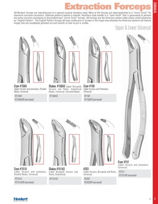 SURGICAL
31 E
Extraction Forceps
Upper&LowerUniversal
Cryer #150A
Upper Incisors and premolars, Parallel
Beaks, Universal.
Cryer #150
Upper Incisors and Premolars,
Universal.
Cryer #151A
Lower Incisors and premolars,
Parallel Beaks, Universal.
Chukas #150AS Upper Bicuspids
Incisors and Roots, Anatomical
Beaks, Universal, Serrated Beaks.
Chukas #151AS
Lower Bicuspids Incisors and
Roots, Anatomical.
#203
Lower Incisors, Bicuspids and Roots,
Universal.
Cryer #151
Lower Incisors and premolars,
Universal.
FE150A
FE150ASR (serrated)
FE150
FE150SR (serrated)
FE151A
FE151ASR (serrated)
FE150AS
FE151AS FE203
FE203SR (serrated)
FE151
FE151SR (serrated)
All Nordent forceps are manufactured of a special surgical stainless steel. Most of the forceps are electropolished to a “mirror finish” for
maximum corrosion resistance. Selected patterns feature a smooth, Handform style handle in a “satin finish” that is passivated to achieve
the same corrosion resistance as the predominant “mirror finish” forceps. All Forceps are the American pattern style unless noted otherwise
as “English Pattern”. The English Pattern forceps all have visible pins or screws in the hinge area whereas the American patterns all feature
hinges that are completely polished out and smooth so that no pin is visible.
 