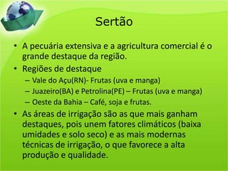 SertãoA pecuária extensiva e a agricultura comercial é o grande destaque da região.Regiões de destaqueVale do Açu(RN)- Frutas (uva e manga)Juazeiro(BA) e Petrolina(PE) – Frutas (uva e manga)Oeste da Bahia – Café, soja e frutas.As áreas de irrigação são as que mais ganham destaques, pois unem fatores climáticos (baixa umidades e solo seco) e as mais modernas técnicas de irrigação, o que favorece a alta produção e qualidade. 