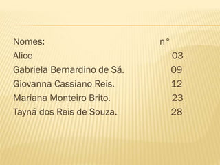 Nomes:                       n°
Alice                             03
Gabriela Bernardino de Sá.        09
Giovanna Cassiano Reis.           12
Mariana Monteiro Brito.           23
Tayná dos Reis de Souza.          28
 
