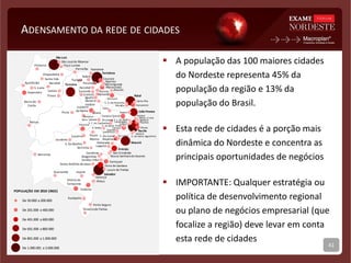 ADENSAMENTO DA REDE DE CIDADES
 A população das 100 maiores cidades
do Nordeste representa 45% da
população da região e 13% da
população do Brasil.
 Esta rede de cidades é a porção mais
dinâmica do Nordeste e concentra as
principais oportunidades de negócios
 IMPORTANTE: Qualquer estratégia ou
política de desenvolvimento regional
ou plano de negócios empresarial (que
focalize a região) deve levar em conta
esta rede de cidades
41
C. de Santo Agostinho
Ipojuca
Paulista
Salvador
Fortaleza
Recife
São Luis
Maceió
Teresina
Natal
João Pessoa
Aracaju
Feira de Santana
Campina Grande
Olinda
Caucaia
Caruaru
Vitória da
Conquista
Petrolina
Mossoró
Juazeiro
do Norte
Imperatriz
Camaçari
Arapiraca
Maracanaú
Itabuna
Parnamirim
Juazeiro
Sobral
Ilhéus
Lauro de Freitas
São Joséde Ribamar
Nossa Senhora do Socorro
Timon
Caxias
Jequié
Parnaíba
Camaragibe
Alagoinhas
Teixeira de Freitas
Barreiras
V. de Santo Antão
Garanhuns
Porto Seguro
Crato
Santa Rita
Santa Inês
Simões Filho
Itapipoca
Maranguape
Paulo
Afonso
Paço Lumiar
Açailândia
S. L. da Mata Igarassu
Patos
Eunápolis
Bacabal
Bayeux
Iguatu
Lagarto
Abreu e Lima
Santo Antônio deJesus
Valença
S. G. do Amarante
S. C. do Capibaribe
Itabaiana
Balsas
Candeias
Barra do
Corda
Quixadá
Jacobina
Serra Talhada
São Cristóvão
Guanambi
Pinheiro
Araripina
Serrinha
Gravatá
Goiana
Carpina
Canindé
S. Do Bonfim
Picos
Chapadinha
Crateús
Aquiraz
B. Jardim
Pacatuba
Quixera-
mobim
P. dos Índios
Russas
Macaíba
S. Luzia
Bacabal
Aracati
Arcoverde
Tianguá
Rio Largo
De 50.000 a 200.000
De 201.000 a 400.000
De 401.000 a 600.000
De 601.000 a 800.000
De 801.000 a 1.000.000
De 1.000.001 a 3.000.000
POPULAÇÃO EM 2010 (IBGE)
 