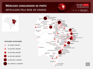 C. de Santo Agostinho
Ipojuca
Paulista
MERCADO CONSUMIDOR DE PORTE
ARTICULADO PELA REDE DE CIDADES
9
De 50.000 a 200.000
De 201.000 a 400.000
De 401.000 a 600.000
De 601.000 a 800.000
De 801.000 a 1.000.000
De 1.000.001 a 3.000.000
POPULAÇÃO EM 2010 (IBGE)
Salvador
Fortaleza
Recife
São Luis
Maceió
Teresina
Natal
João Pessoa
Jaboatão dos Guararapes
Aracaju
Feira de Santana
Campina Grande
Olinda
Caucaia
Caruaru
Vitória da
Conquista
Petrolina
Mossoró
Juazeiro
do Norte
Imperatriz
Camaçari
Arapiraca
Maracanaú
Itabuna
Parnamirim
Juazeiro
Sobral
Ilhéus
Lauro de Freitas
São José de Ribamar
Nossa Senhora do Socorro
Timon
Caxias
Jequié
Parnaíba
Camaragibe
Alagoinhas
Teixeira de Freitas
Barreiras
V. de Santo Antão
Garanhuns
Porto Seguro
Crato
Santa Rita
Santa Inês
Simões Filho
Itapipoca
Maranguape
Paulo
Afonso
Paço Lumiar
Açailândia
S. L. da Mata Igarassu
Patos
Eunápolis
Bacabal
Bayeux
Iguatu
Lagarto
Abreu e Lima
Santo Antônio de Jesus
Valença
S. G. do Amarante
S. C. do Capibaribe
Itabaiana
Balsas
Candeias
Barra do
Corda
Quixadá
Jacobina
Serra Talhada
São Cristóvão
Guanambi
Pinheiro
Araripina
Serrinha
Gravatá
Goiana
Carpina
Canindé
S. Do Bonfim
Picos
Chapadinha
Crateús
Aquiraz
B. Jardim
Pacatuba
Quixera-
mobim
P. dos Índios
Russas
Macaíba
S. Luzia
Bacabal
Aracati
Arcoverde
Tianguá
Rio Largo
 