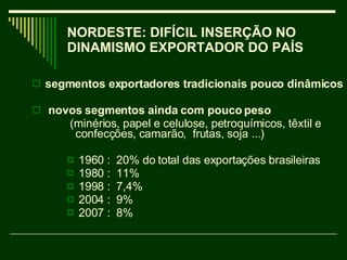 NORDESTE: DIFÍCIL INSERÇÃO NO DINAMISMO EXPORTADOR DO PAÍS  segmentos exportadores tradicionais pouco dinâmicos novos segmentos ainda com pouco peso   (minérios, papel e celulose, petroquímicos, têxtil e  confecções, camarão,  frutas, soja ...)  1960 :  20% do total das exportações brasileiras 1980 :  11% 1998 :  7,4% 2004 :  9% 2007 :  8% 