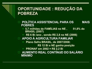 OPORTUNIDADE : REDUÇÃO DA POBREZA  POLÍTICA ASSISTENCIAL PARA OS  MAIS POBRES 5,7 milhões de FAMÍLIAS no NE ,  51,8% do BRASIL (2007) R$ 6 Bi /ano , sendo R$ 2,8 no NE (2006) APOIO À AGRICULTURA FAMILIAR Plano Safra BRASIL, de 2007/2008:    R$ 12 Bi e NE ganha posição PRONAF em 2002 = R$ 2,2 Bi AUMENTO REAL CONTÍNUO DO SALÁRIO MÍNIMO 