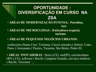 OPORTUNIDADE :  DIVERSIFICAÇÃO EM CURSO   NA ZSA   ÁREAS DE MODERNIZAÇÃO INTENSA:  Petrolina,   Açu ÁREAS DE MICROCLIMAS : fruticultura tropical,  turismo ÁREAS DE PEQUENOS NEGÓCIOS URBANOS  :  confecções (Santa Cruz/ Toritama, Caicó) calçados ( Sobral, Crato, Patos ) Artesanato ( Poções, Tacaratu, São Bento, Pedro II)  ÁREAS  INOVADORAS  : flores (CE), mel(PI), carcinicultura (RN e CE), software ( Recife, Campina Grande), serviços médicos ( Recife, Teresina)  ...  